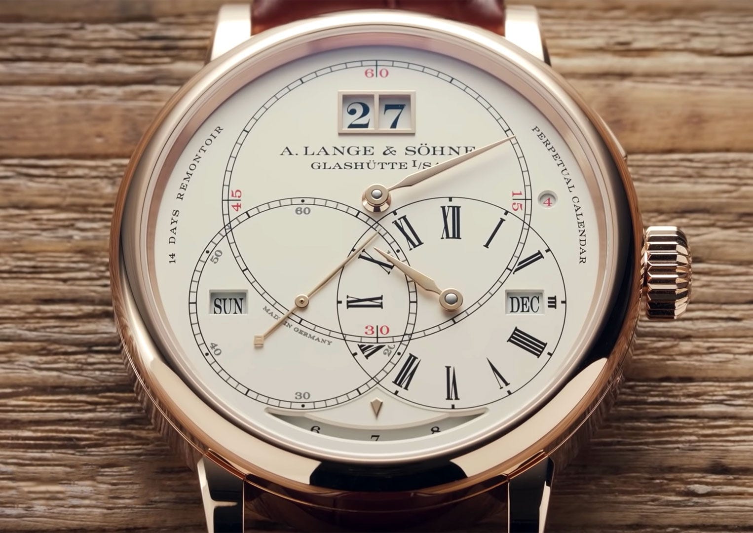 The A. Lange & Söhne Richard Lange Perpetual Calendar Terraluna has a power reserve of two weeks